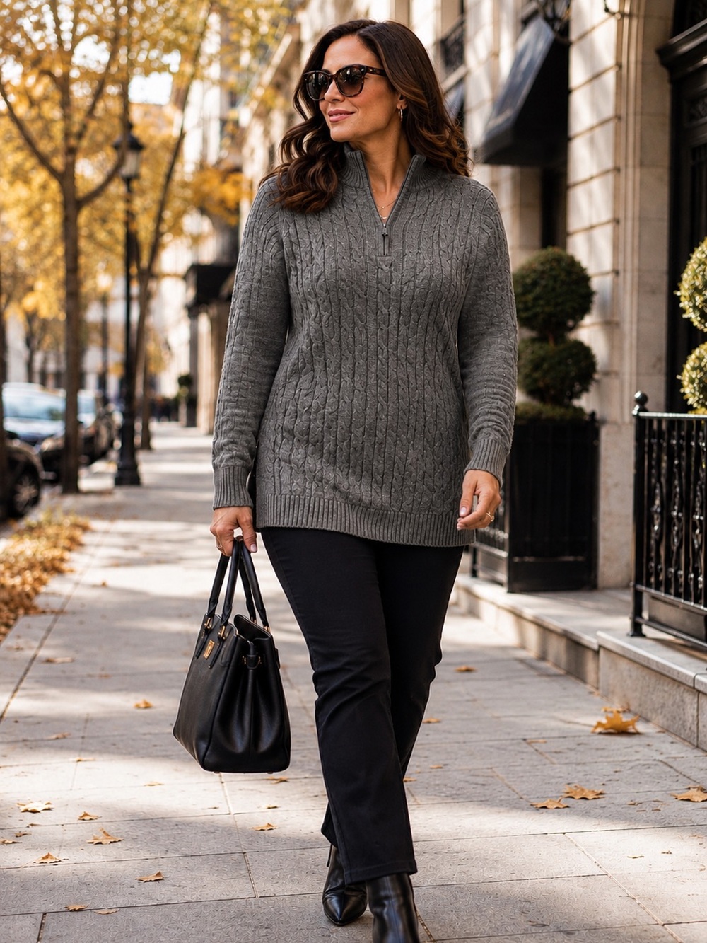 WOMAN WITHIN Women's Charcoal Gray Cable Knit Half-Zip Pullover Tunic Sweater